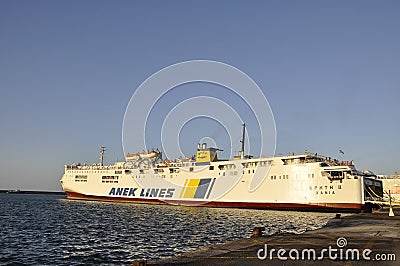 Heraklion, september 5th: Ferryboat docking in the Harbor of Heraklion in Crete island of Greece Editorial Stock Photo