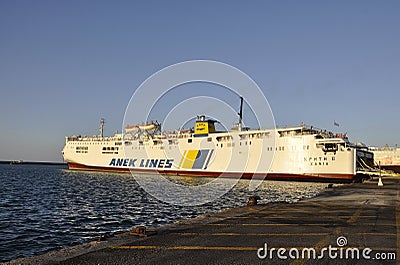 Heraklion, september 5th: Ferryboat docking in the Harbor of Heraklion in Crete island of Greece Editorial Stock Photo