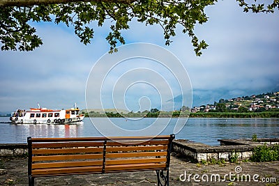 Ferryboat with people, Ioannina Island, Greece Editorial Stock Photo