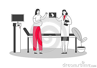 Fertility Childbirth Family Relations Concept. Pregnant Woman in Ultrasound Cabinet Watching Baby Picture Vector Illustration