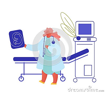 Fertility, Childbirth, Female Health Concept. Woman Doctor in White Robe Holding Fetus Image in Ultrasound Cabinet Vector Illustration