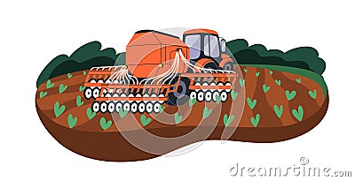 Fertilizer machine fertilizing agriculture soil, farm field, ground. Crop cultivation with tractor and tank at farmland Vector Illustration