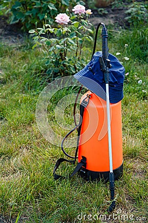 Fertilizer pesticide garden sprayer on green grass Stock Photo