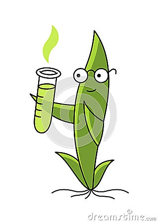 Fertilizers test tube. Seedling plant mascot. Scientist character. Does science. Green sprout. Plant growing Vector Illustration