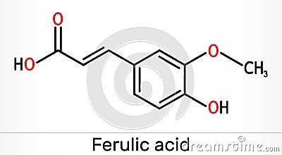 Ferulic acid, coniferic acid, C10H10O4 molecule. It is phenolic acid, an antioxidant, an anti-inflammatory agent, an apoptosis Stock Photo