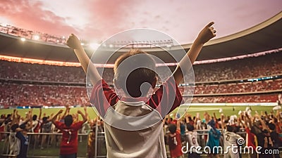 Children football aficionado celebrates team victory from stands, Generative AI Stock Photo