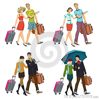 Newlywed couple with suitcases Vector Illustration