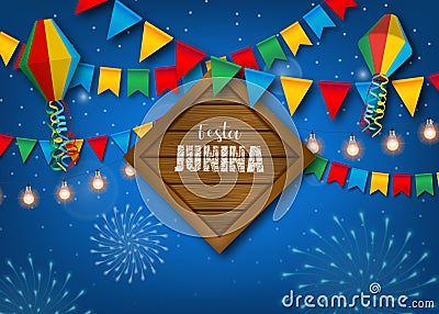 Festa Junina background with colorful pennants and balloons. Brazilian June festival poster. Vector Illustration