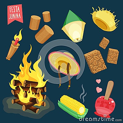 Festa Junina, brazilian june fest icons Vector Illustration