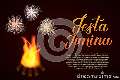 Festa Junina calligraphy hand lettering with fireworks and bonfire on dark background. Brazil June Festival Festa de Sao Joao. Vector Illustration