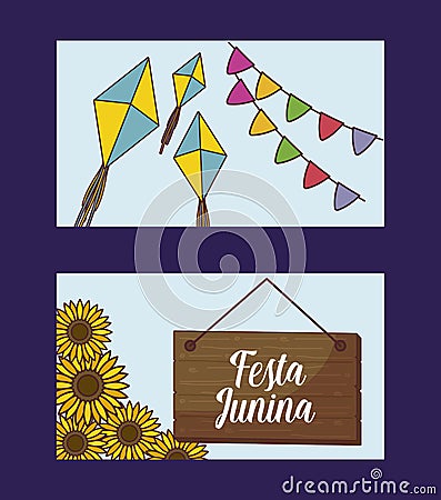 festa junina cards with sunflowers and kites Cartoon Illustration