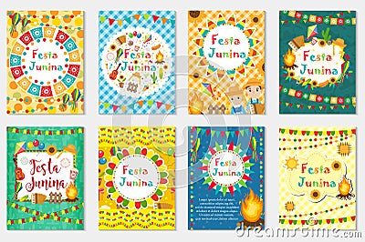 Festa Junina set greeting card, invitation, poster. Brazilian Latin American festival template for your design.Vector Vector Illustration