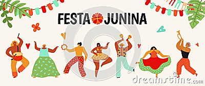 Festa Junina. Tradition brazil party. Dancing carnaval, latin june celebration poster. Summer holiday woman man with Vector Illustration