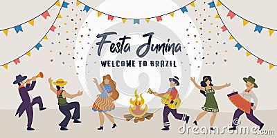 Festa Junina. Vector Brazilian Traditional Celebration. People dancing with bonfire, man and woman dance. Latin American holiday, Vector Illustration