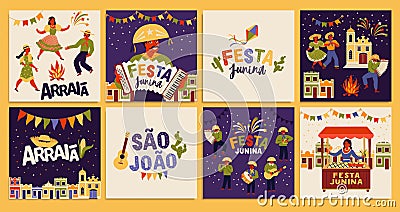 Festa Junina. Vector templates for Latin American holiday, the June party of Brazil. Design for card, poster, banner Vector Illustration