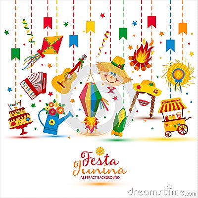 Festa Junina village festival in Latin America. Icons set in bright color. Vector Illustration