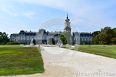 Festetics Castle with garden and fountain in Keszthely, Hungary. Editorial Stock Photo