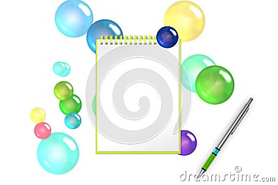 Festival blank notepad with sapphire bubbles and spheres background for greets adding. 3d illustration Stock Photo