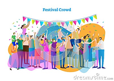 Festival crowd vector illustration. Mass group of fans and spectators dance, clap and view concert, entertainment or celebration. Vector Illustration