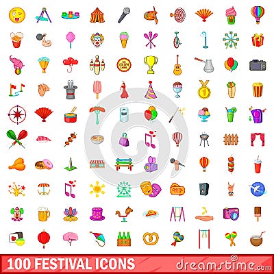 100 festival icons set, cartoon style Vector Illustration