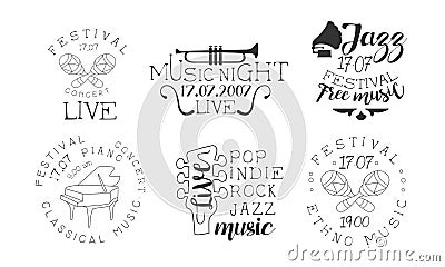 Festival Live Concert Hand Drawn Badges Set, Ethnic Music, Classical Music Concert, Pop, Indie, Rock, Jazz Music Vector Illustration