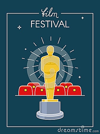 Festival movie poster. Award on scene before cinema hall. Outline flat style Vector Illustration