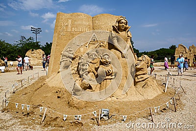 Festival of Sand Sculptures `Tales of Sand` in the Sea Garden of the city of Burgas. Snow White and the Seven Dwarfs Editorial Stock Photo