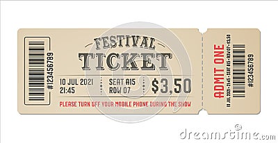 Festival ticket template design. Retro style of ticket for entrance. Vector Illustration