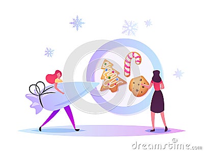 Festive Activity Preparation for Xmas Holidays Celebration. Tiny Characters Baking Huge Christmas Bakery and Sweets Vector Illustration