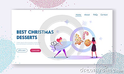 Festive Activity Preparation for Xmas Landing Page Template. Tiny Female Characters Baking Huge Christmas Bakery Vector Illustration