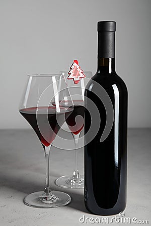 Festive alcoholic drink. Red wine for the New Year`s table Stock Photo