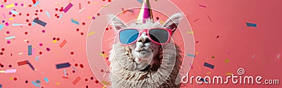 Festive Alpaca with Party Hat and Sunglasses Celebrating Birthday, New Year's Eve, or Other Celebrations on Pink Confetti Stock Photo