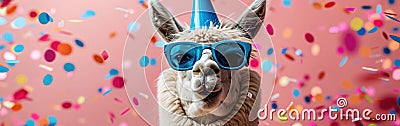 Festive Alpaca with Party Hat and Sunglasses Celebrating Birthday, New Year's Eve, or Other Celebrations on Pink Confetti Stock Photo