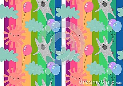 Festive animals seamless rabbit bunnies and sun and clouds and balloons pattern for wrapping paper and kids Cartoon Illustration