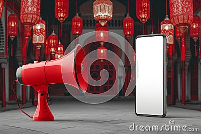 Festive announcement Red megaphone beside phone for Ramadan social sharing Stock Photo