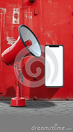 Festive announcement Red megaphone beside phone for Ramadan social sharing Stock Photo