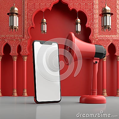 Festive announcement Red megaphone beside phone for Ramadan social sharing Stock Photo