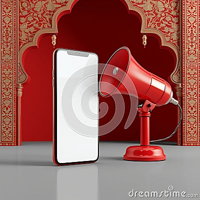 Festive announcement Red megaphone beside phone for Ramadan social sharing Stock Photo