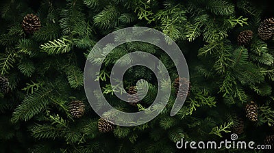 a festive atmosphere with an overhead view of beautifully arranged spruce and thuja branches Stock Photo