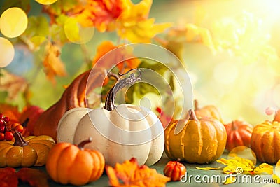 Festive autumn decor from pumpkins, berries and leaves. Concept of Thanksgiving day or Halloween with copy space Stock Photo