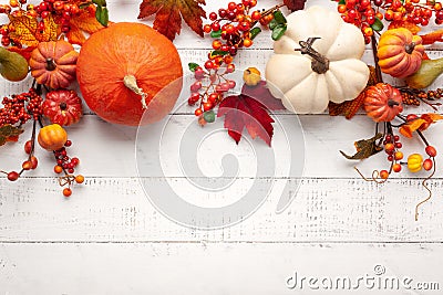 Festive autumn decor from pumpkins, berries and leaves on a white wooden background. Concept of Thanksgiving day or Halloween. Stock Photo