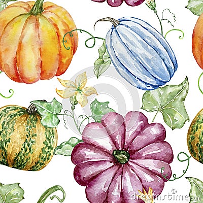 Festive autumn watercolor seamless pattern with multicolored pumpkins Stock Photo