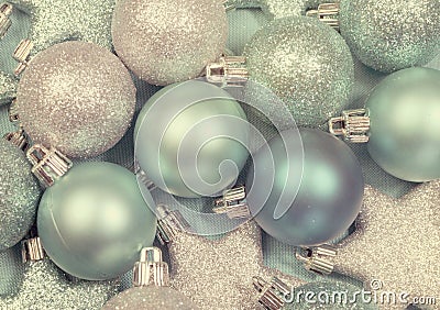 Festive background of aqua pale blue christmas ornaments Stock Photo