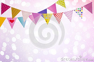 Festive background with colorful flags over abstract lights and glows Stock Photo