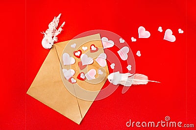 Festive background with enamored flying birds with an envelope and hearts on a red background. Valentine's day card Stock Photo