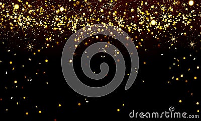 Festive background, gold lights on black, glitter, confetti, yellow, Christmas, party, tinsel Stock Photo