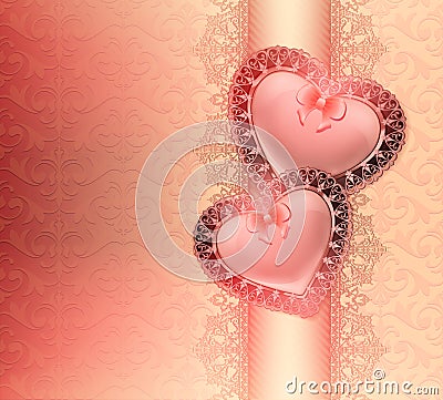 Festive background with hearts in love with bows and oriental floral ornaments Vector Illustration