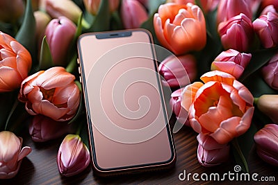 Festive background hosts mobile phone and spring tulips in a flat lay Stock Photo