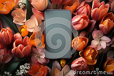 Festive background hosts mobile phone and spring tulips in a flat lay Stock Photo