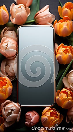 Festive background hosts mobile phone and spring tulips in a flat lay Stock Photo